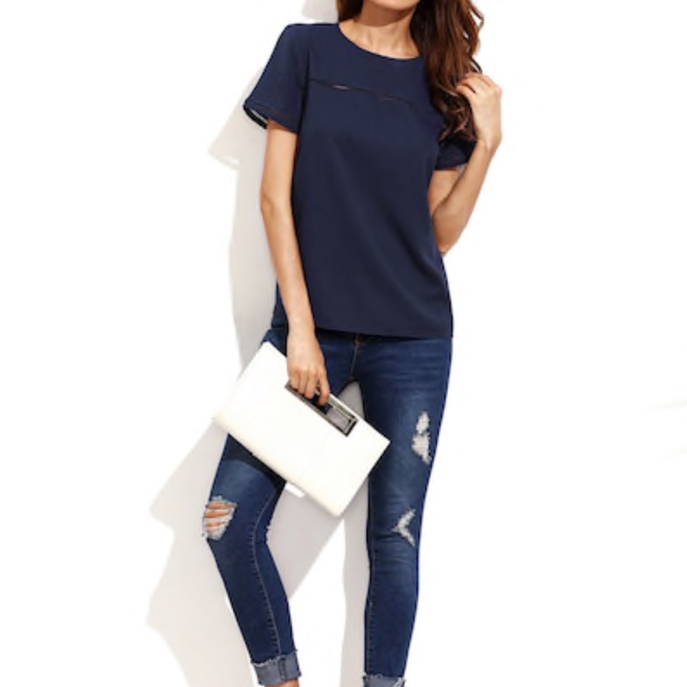 Navy Blue Keyhole Back Blouse - Picture 4 of 7
